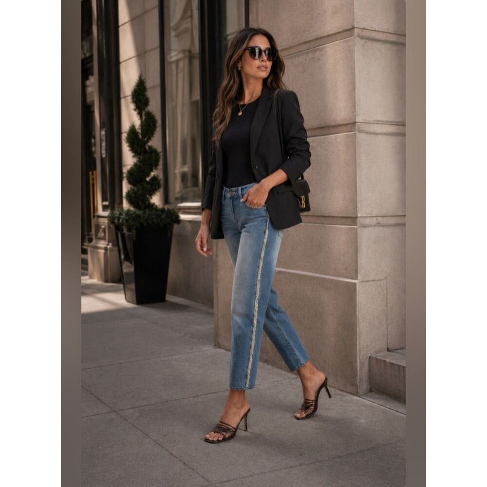 Johanna Ortiz Adventurist Jeans 8 Blue Mid Rise Frayed Side Stripe NWOT